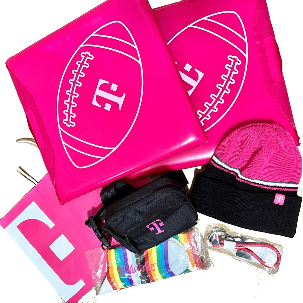NEW T-Mobile Pink Assorted Swag bundle x7pcs - Cushions, Beanie, Socks, Bag